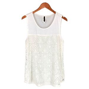 Rendezvous Crochet Knit Tank Top L Cream Ivory Triangles Stretch Sheer
